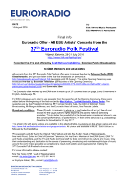 37Th Euroradio Folk Festival Viljandi, Estonia, 28-31 July 2016