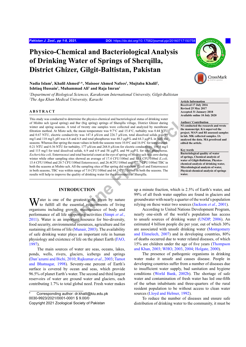 Online First Article Physico-Chemical and Bacteriological Analysis of Drinking Water of Springs of Sherqilla, District Ghizer, Gilgit-Baltistan, Pakistan