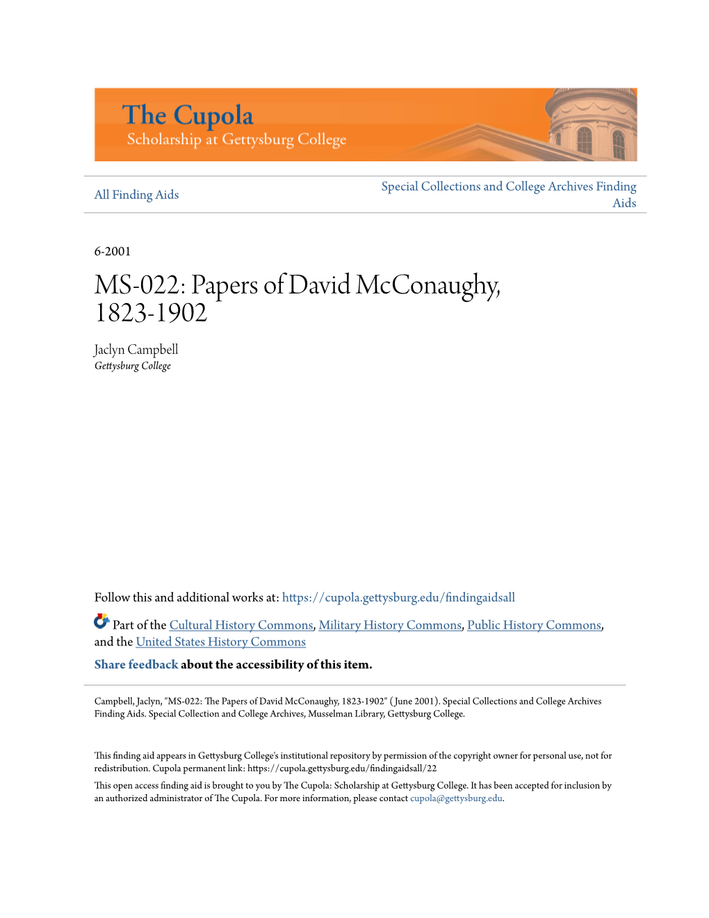 MS-022: Papers of David Mcconaughy, 1823-1902 Jaclyn Campbell Gettysburg College