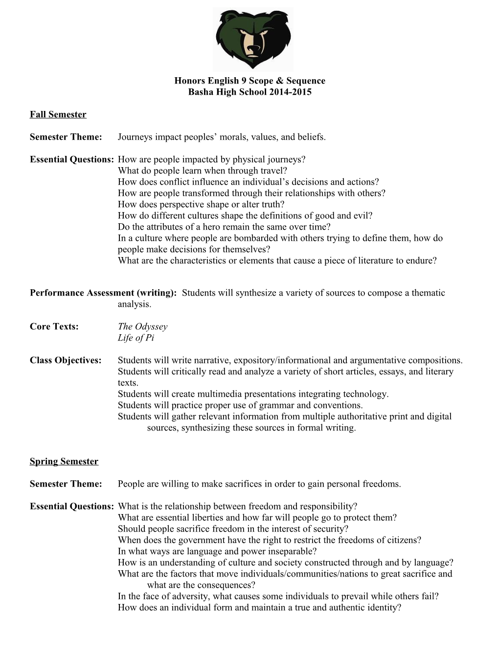 Honors English 9 Scope & Sequence