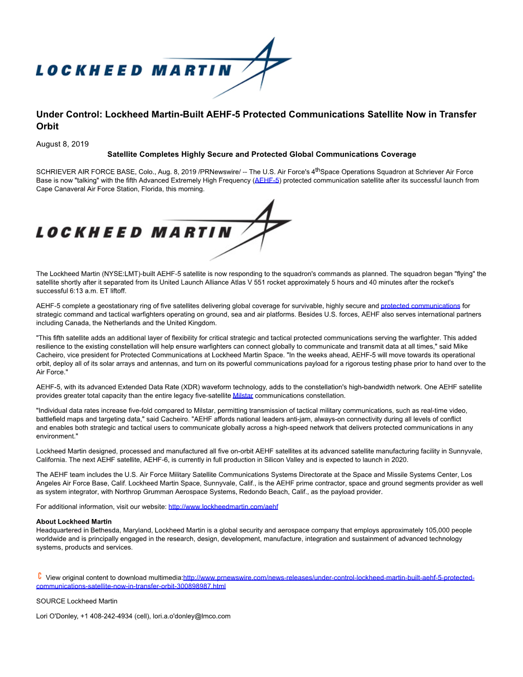 Lockheed Martin-Built AEHF-5 Protected Communications Satellite Now in Transfer Orbit