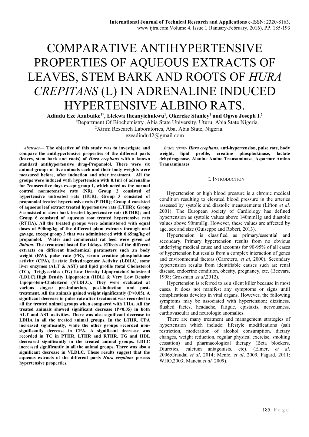 Hura Crepitans (L) in Adrenaline Induced Hypertensive Albino Rats