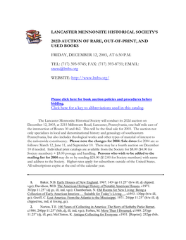 Lancaster Mennonite Historical Society's 202D Auction of Rare, Out-Of-Print, and Used Books Friday, December 12, 2003, at 6:30