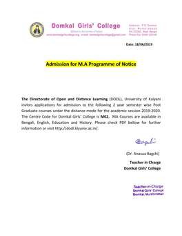 Admission for M.A Programme of Notice