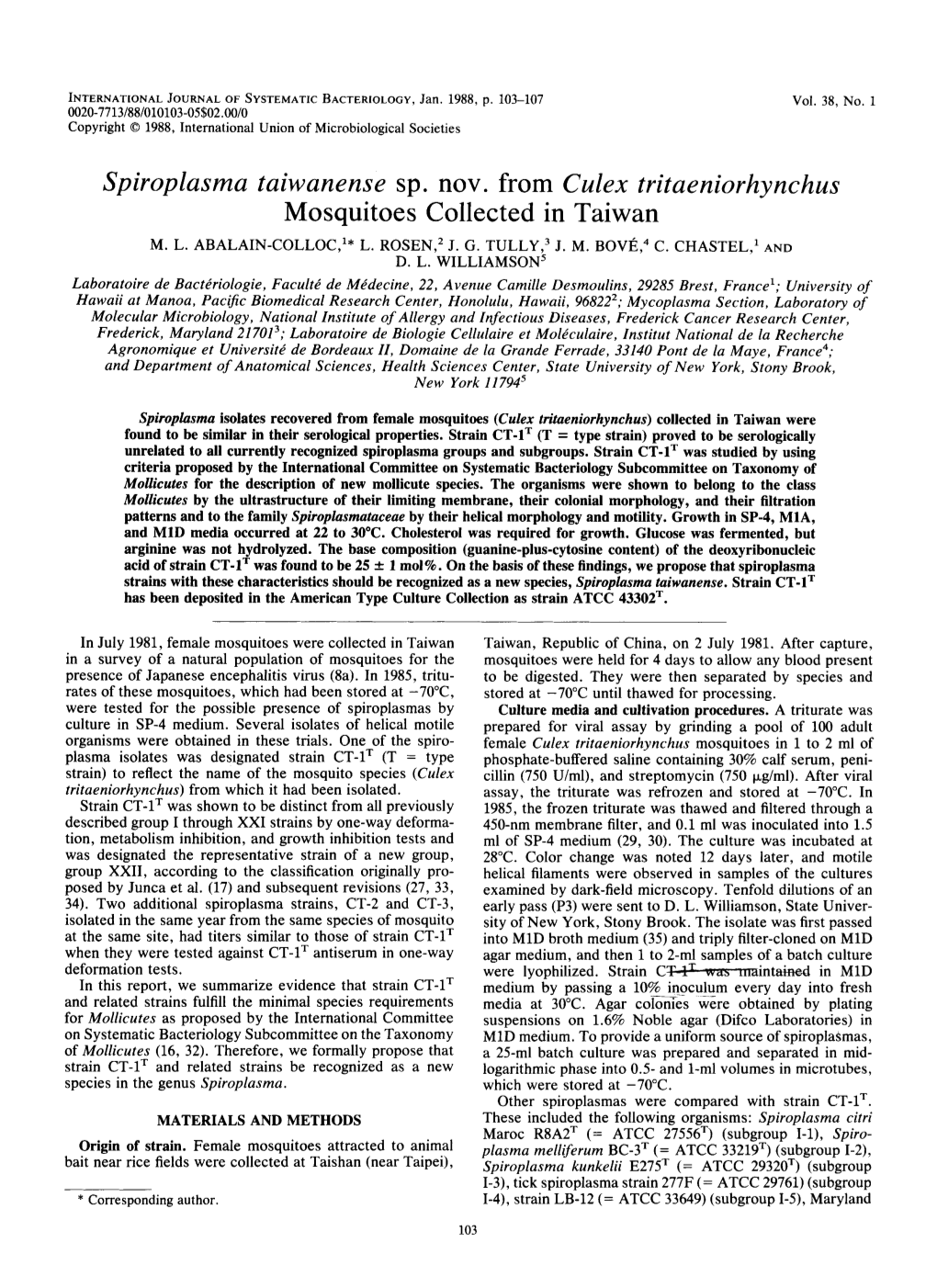 Spiroplasma Taiwanense Sp. Nov. from Culex Tritaeniorhynchus Mosquitoes Collected in Taiwan M