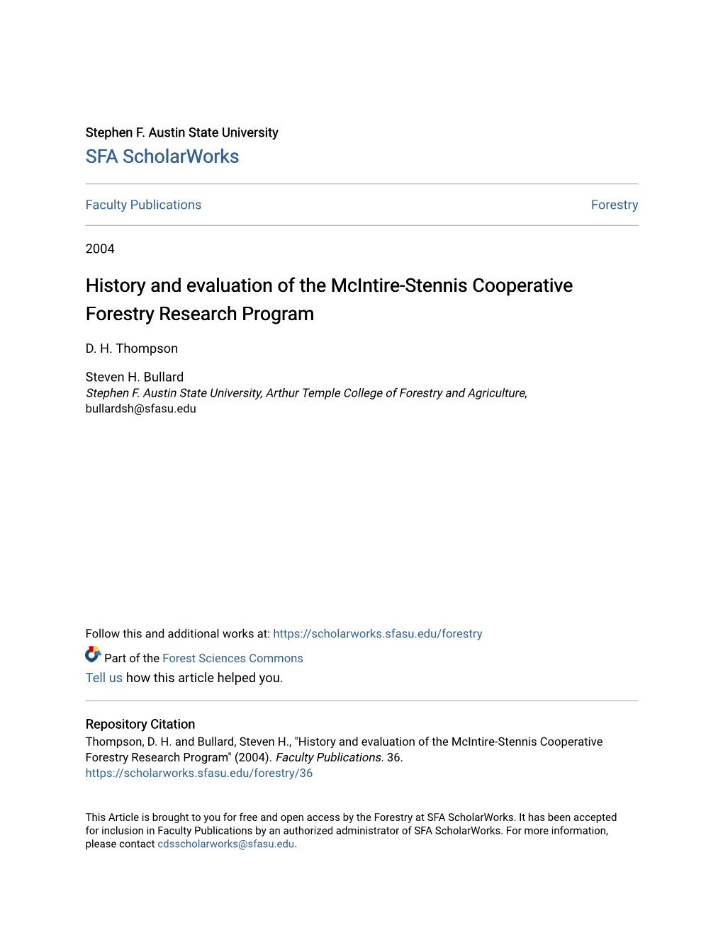 History and Evaluation of the Mcintire-Stennis Cooperative Forestry Research Program