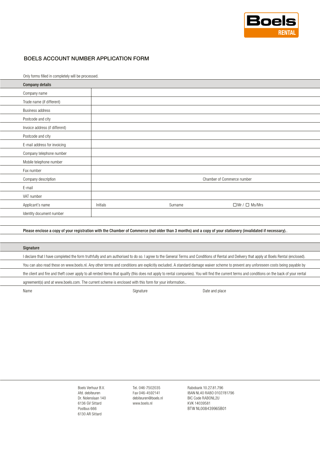 Boels Account Number Application Form