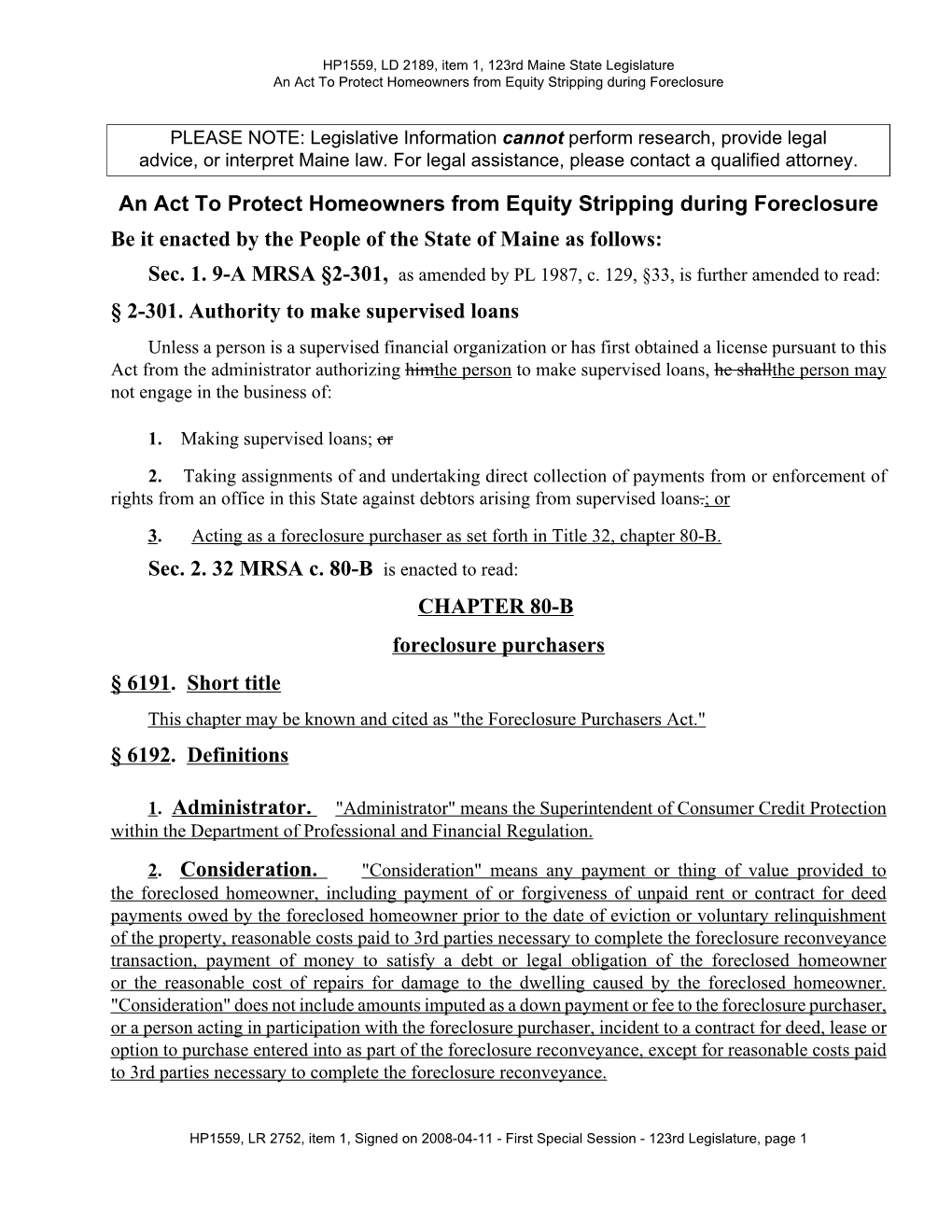 An Act to Protect Homeowners from Equity Stripping During Foreclosure