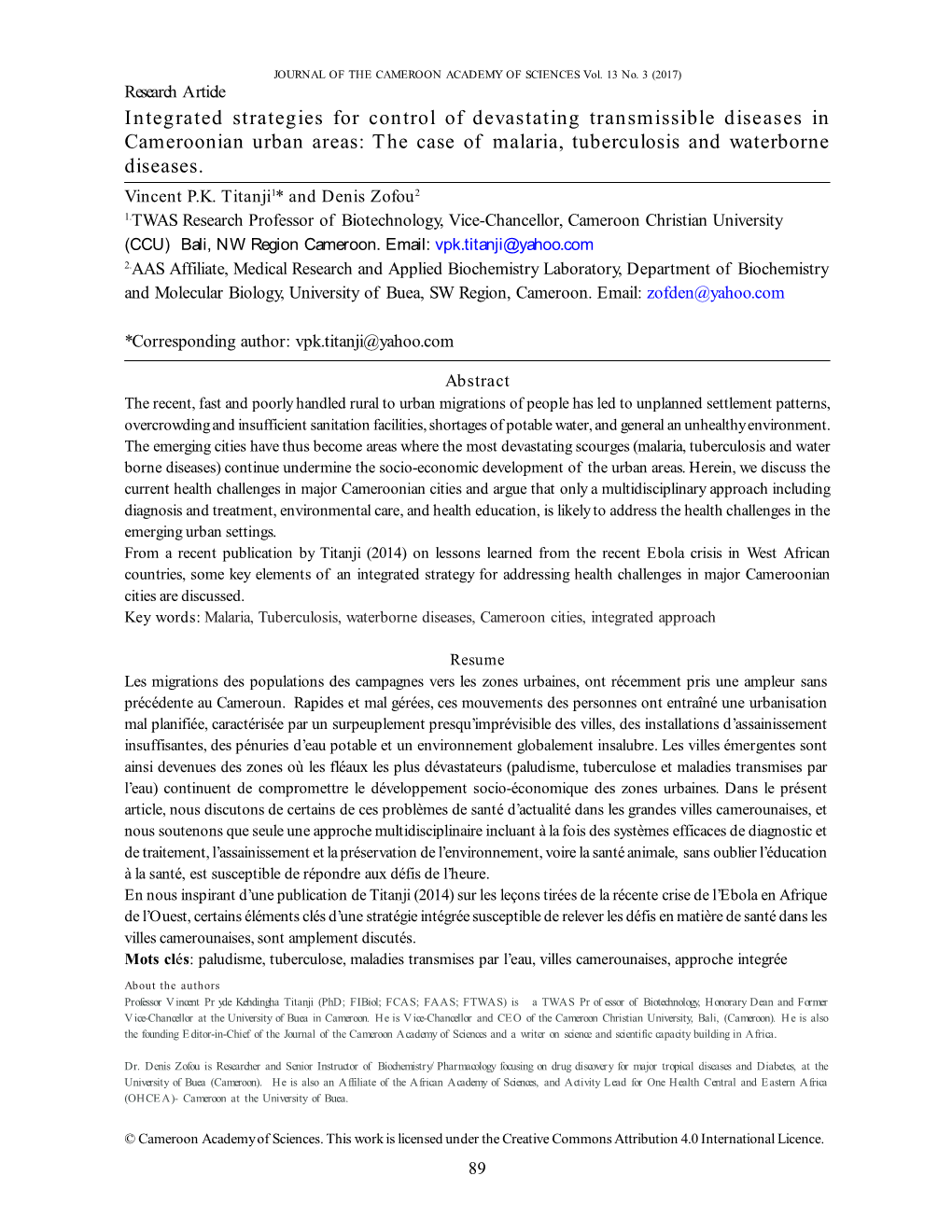 Integrated Strategies for Control of Devastating Transmissible Diseases in Cameroonian Urban Areas: the Case of Malaria, Tuberculosis and Waterborne Diseases