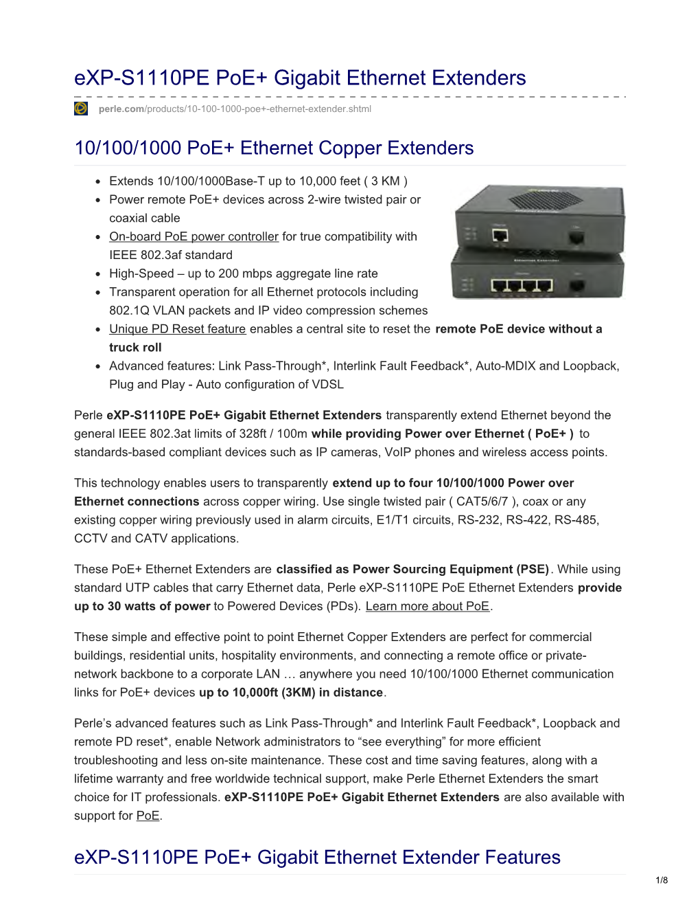 Exp-S1110PE Poe+ Gigabit Ethernet Extenders