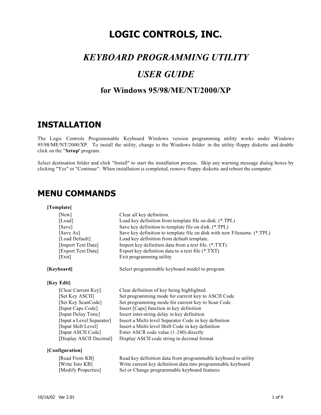 Logic Controls, Inc. Keyboard Programming Utility User