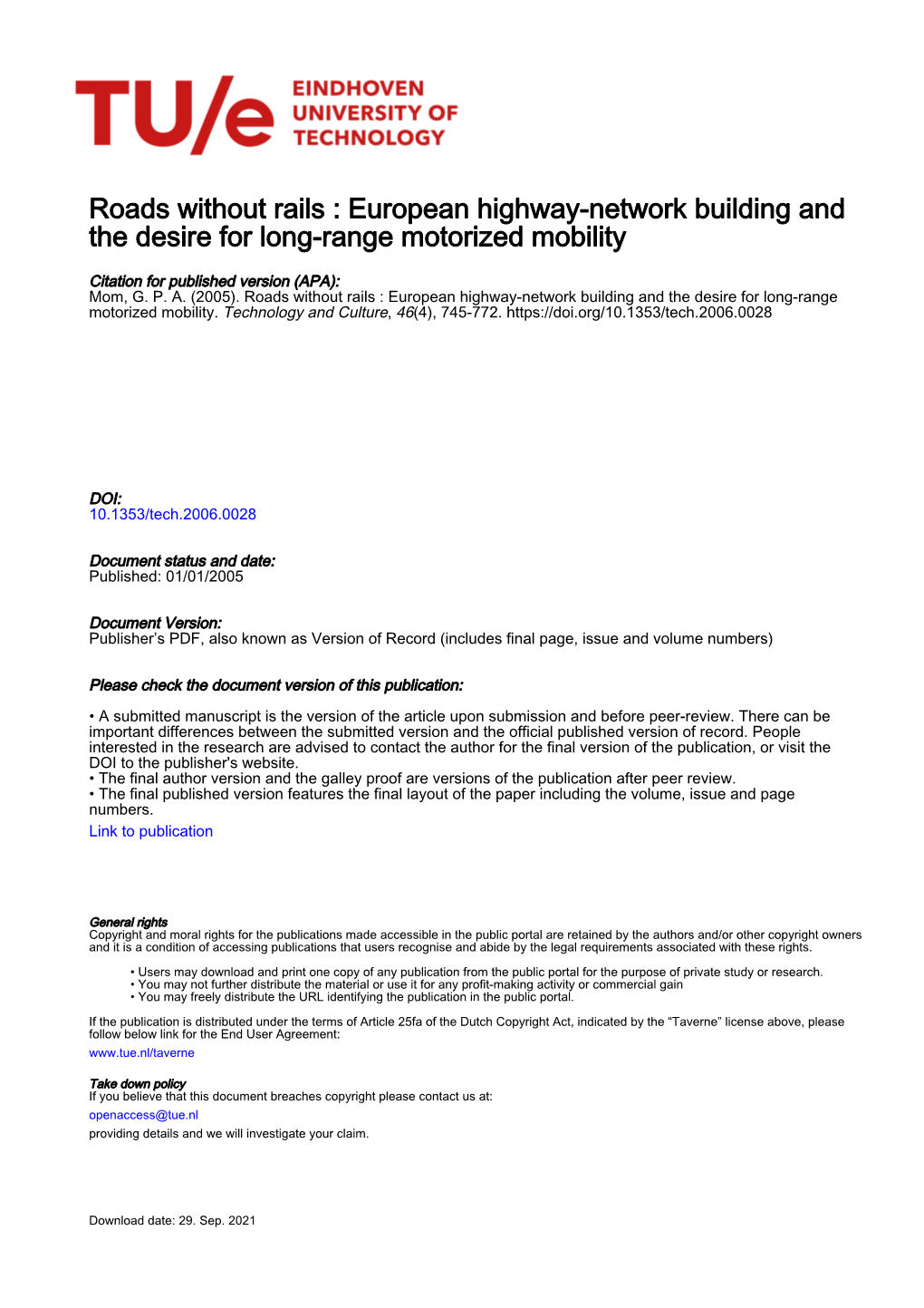 Roads Without Rails : European Highway-Network Building and the Desire for Long-Range Motorized Mobility