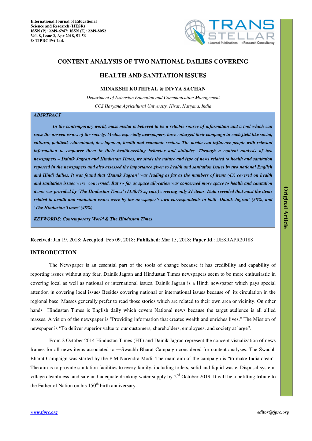 Content Analysis of Two National Dailies Covering