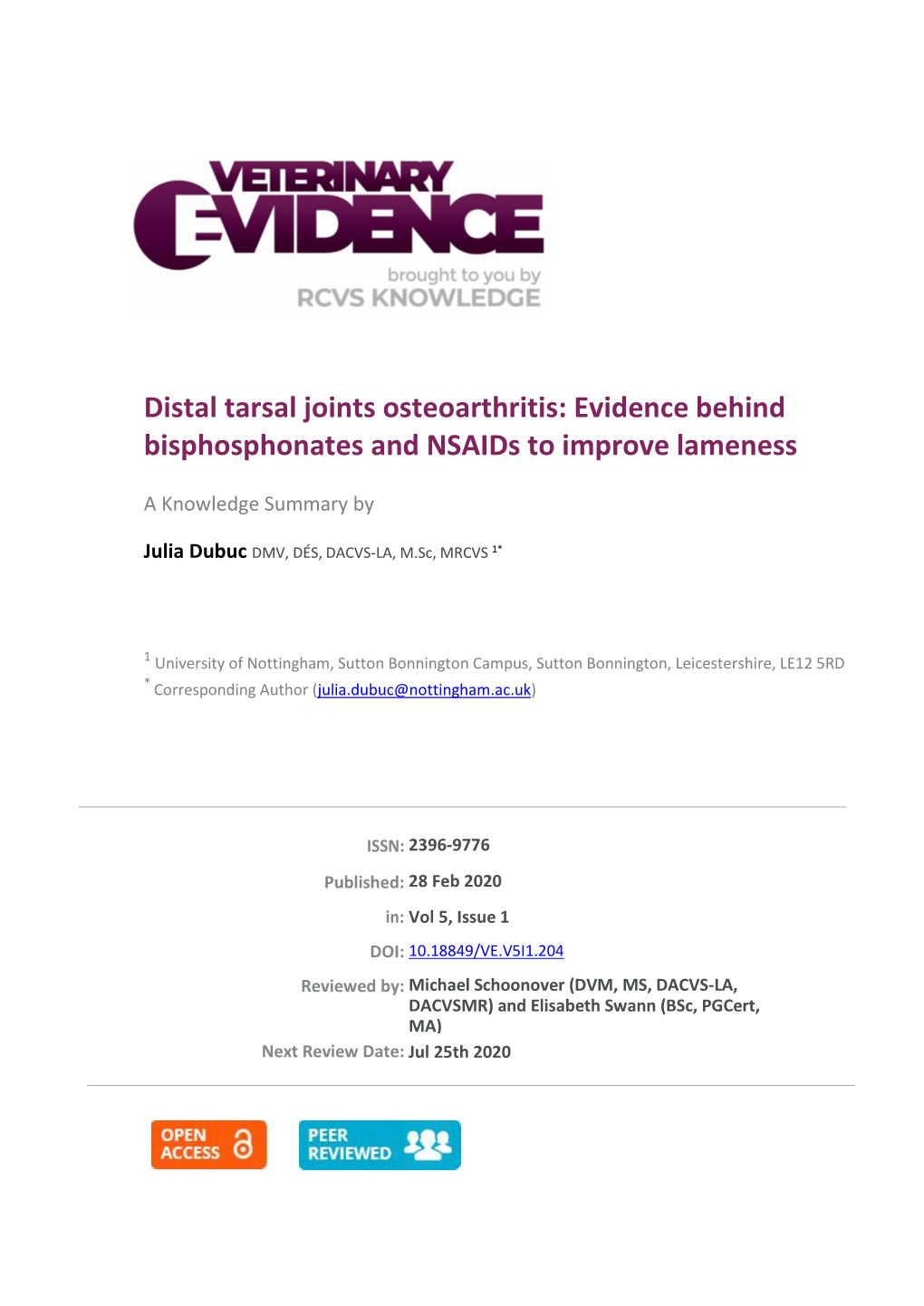 Distal Tarsal Joints Osteoarthritis: Evidence Behind Bisphosphonates and Nsaids to Improve Lameness