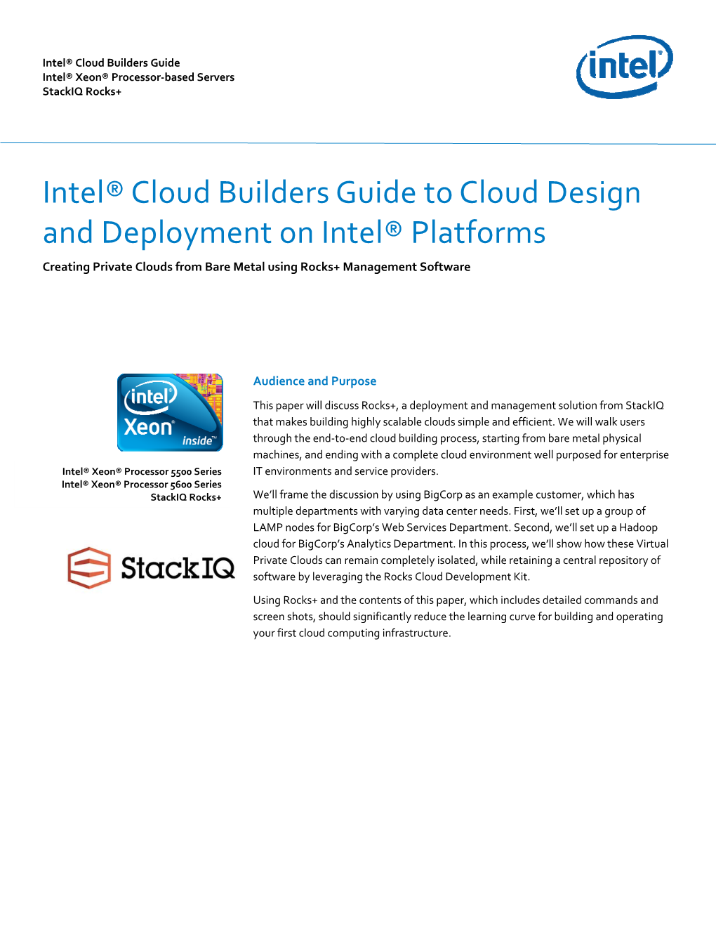 Intel® Cloud Builders Guide Intel® Xeon® Processor‐Based Servers Stackiq Rocks+