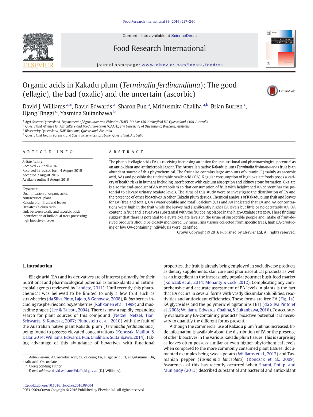 Organic Acids in Kakadu Plum (Terminalia Ferdinandiana): the Good (Ellagic), the Bad (Oxalic) and the Uncertain (Ascorbic)