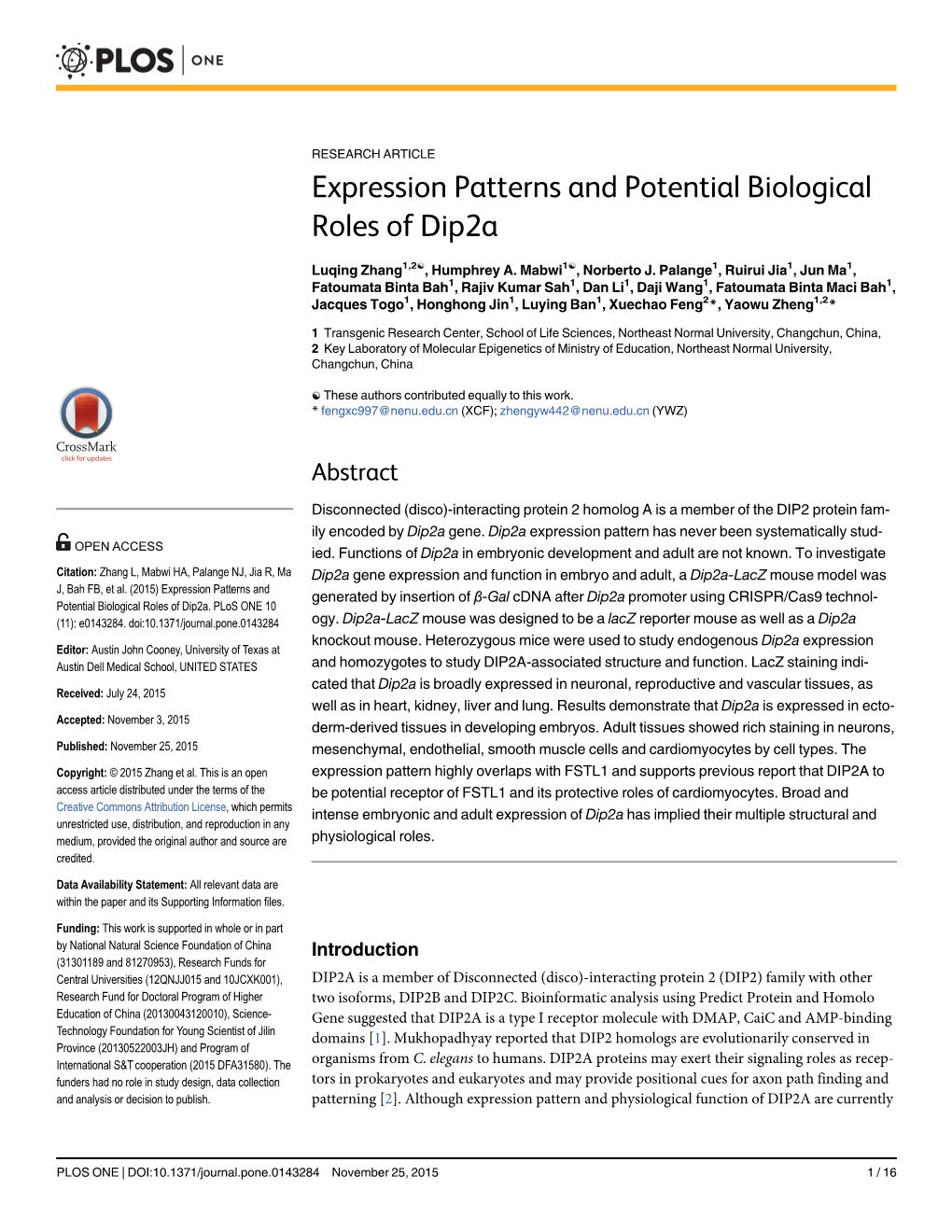 Expression Patterns and Potential Biological Roles of Dip2a