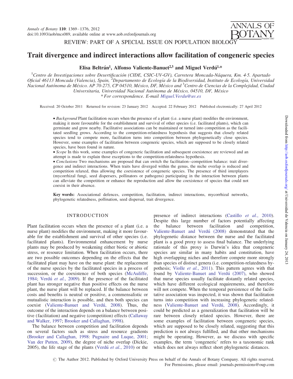 Trait Divergence and Indirect Interactions Allow Facilitation of Congeneric Species