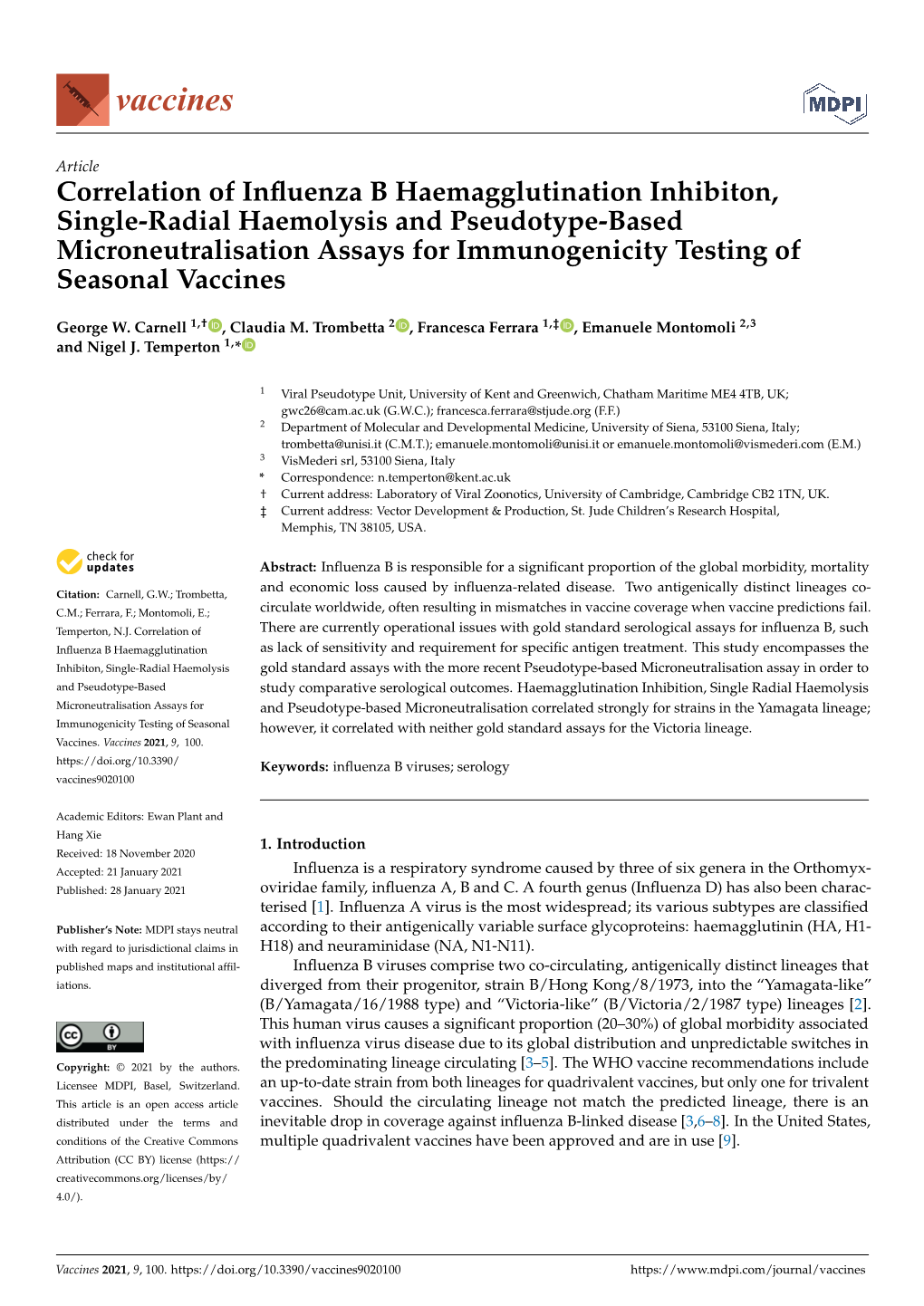 Correlation of Influenza B Haemagglutination Inhibiton, Single