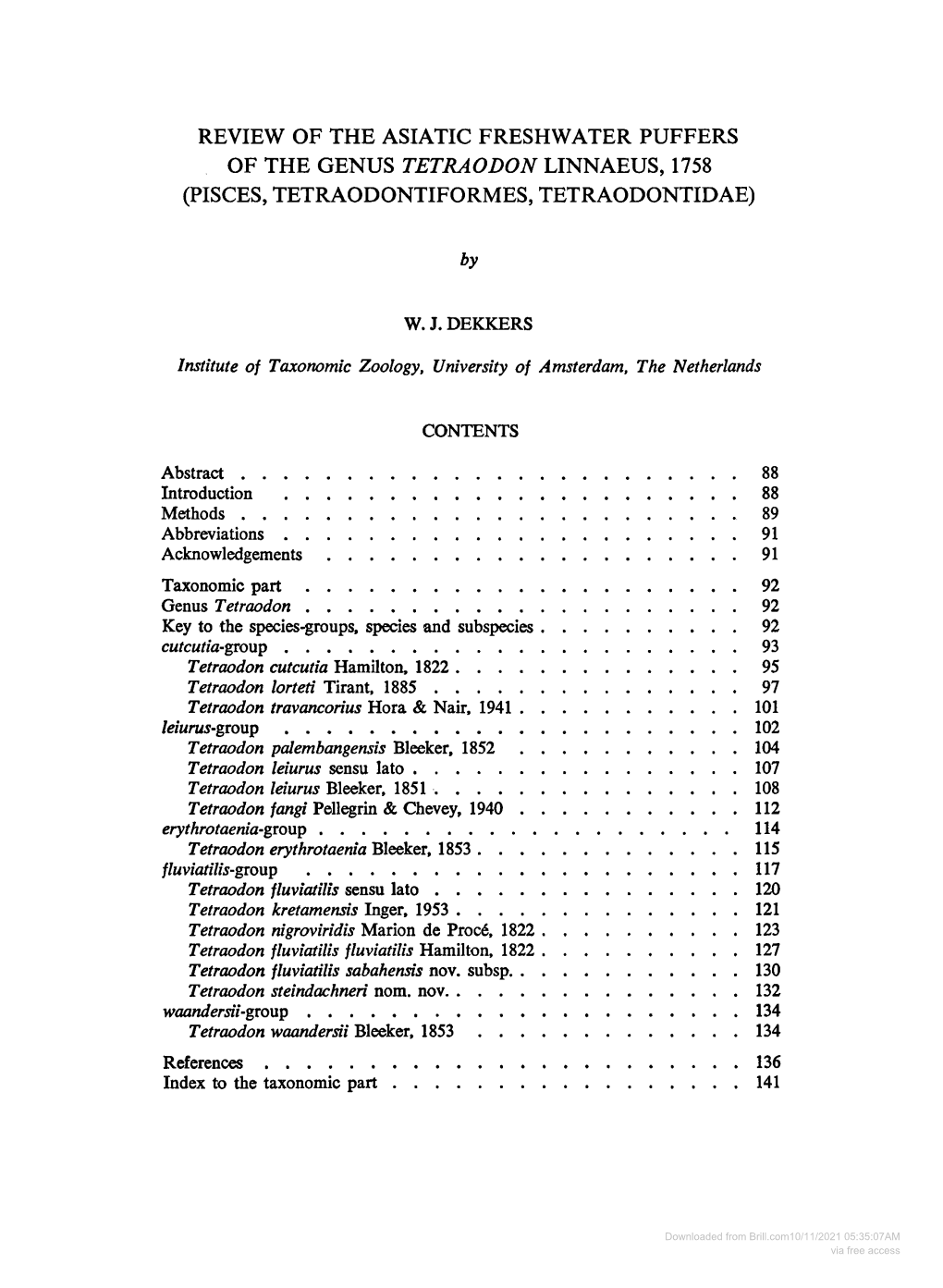 Review of the Asiatic Freshwater Puffers of the Genus Tetraodon Linnaeus, 1758 (Pisces, Tetraodontiformes, Tetraodontidae)