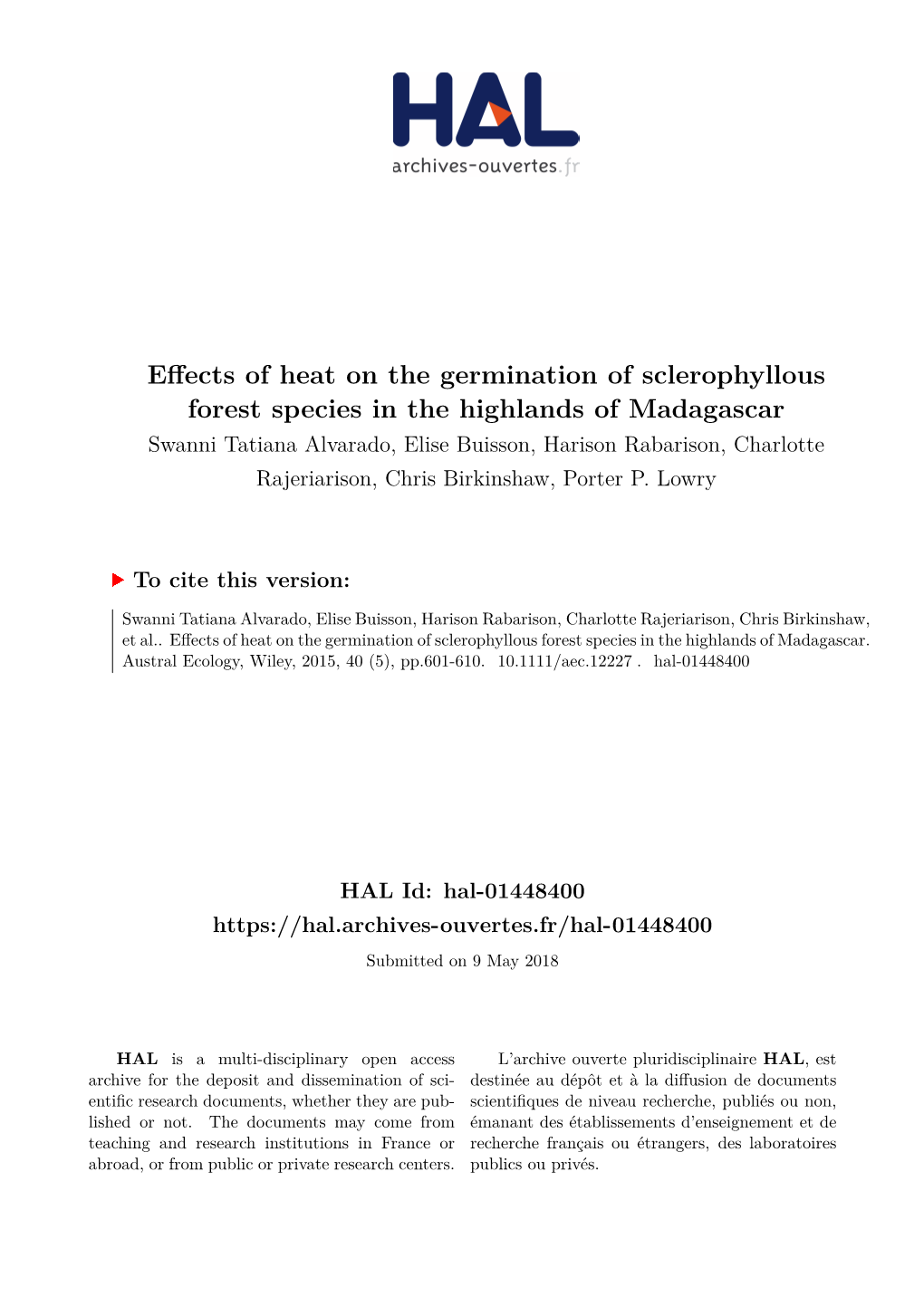 Effects of Heat on the Germination of Sclerophyllous Forest Species in the Highlands of Madagascar
