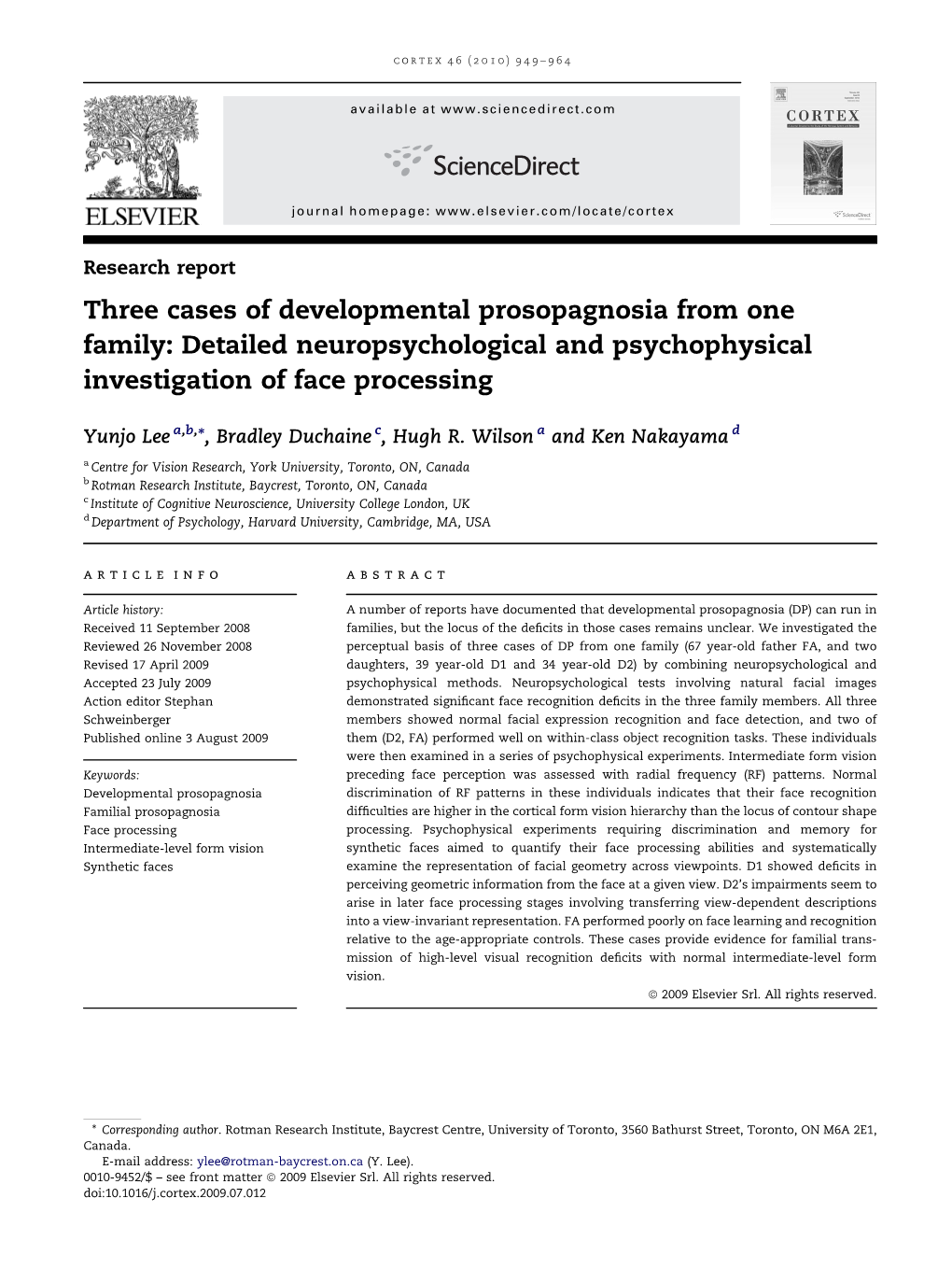 Three Cases of Developmental Prosopagnosia from One Family: Detailed Neuropsychological and Psychophysical Investigation of Face Processing