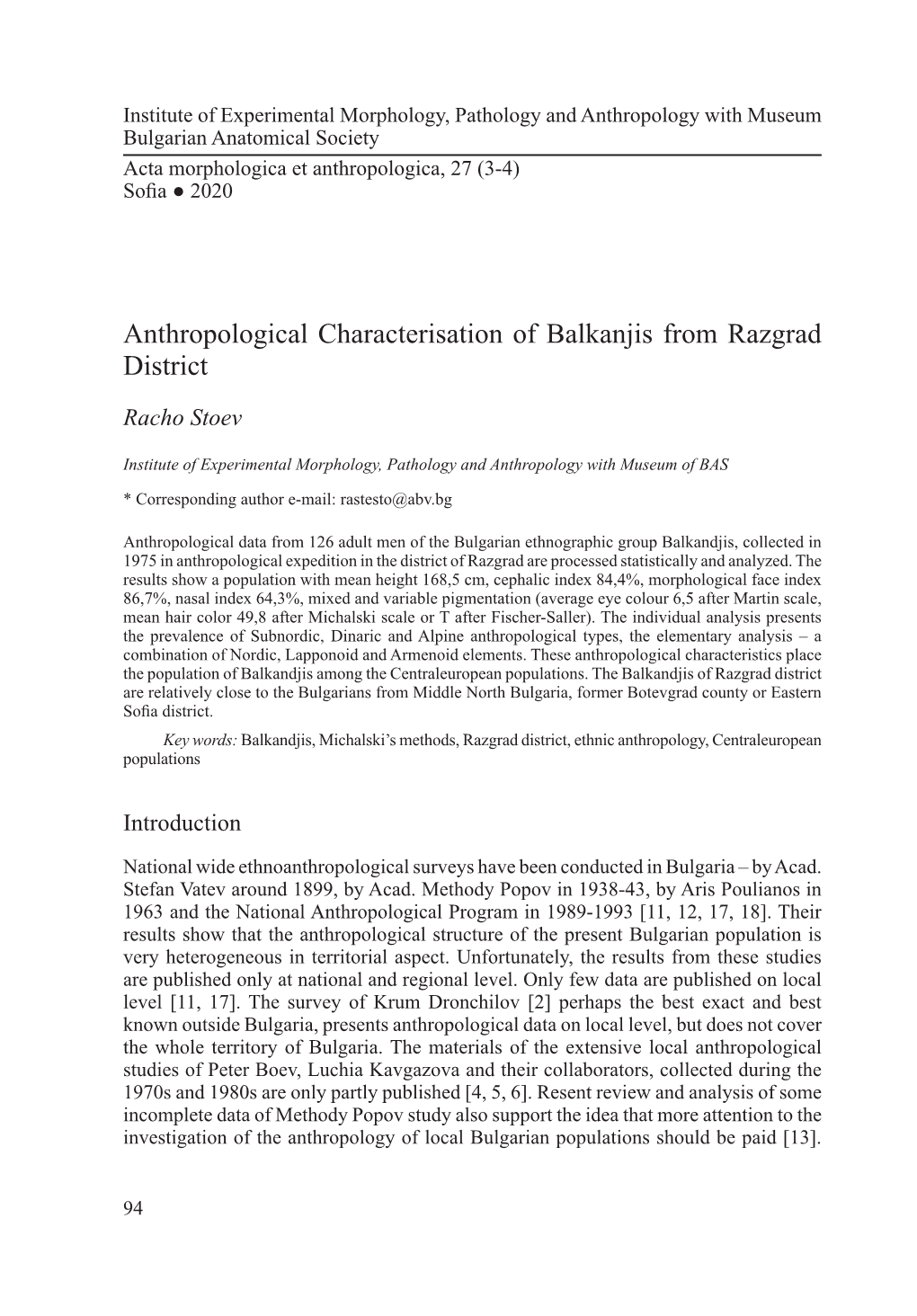 Anthropological Characterisation of Balkanjis from Razgrad District