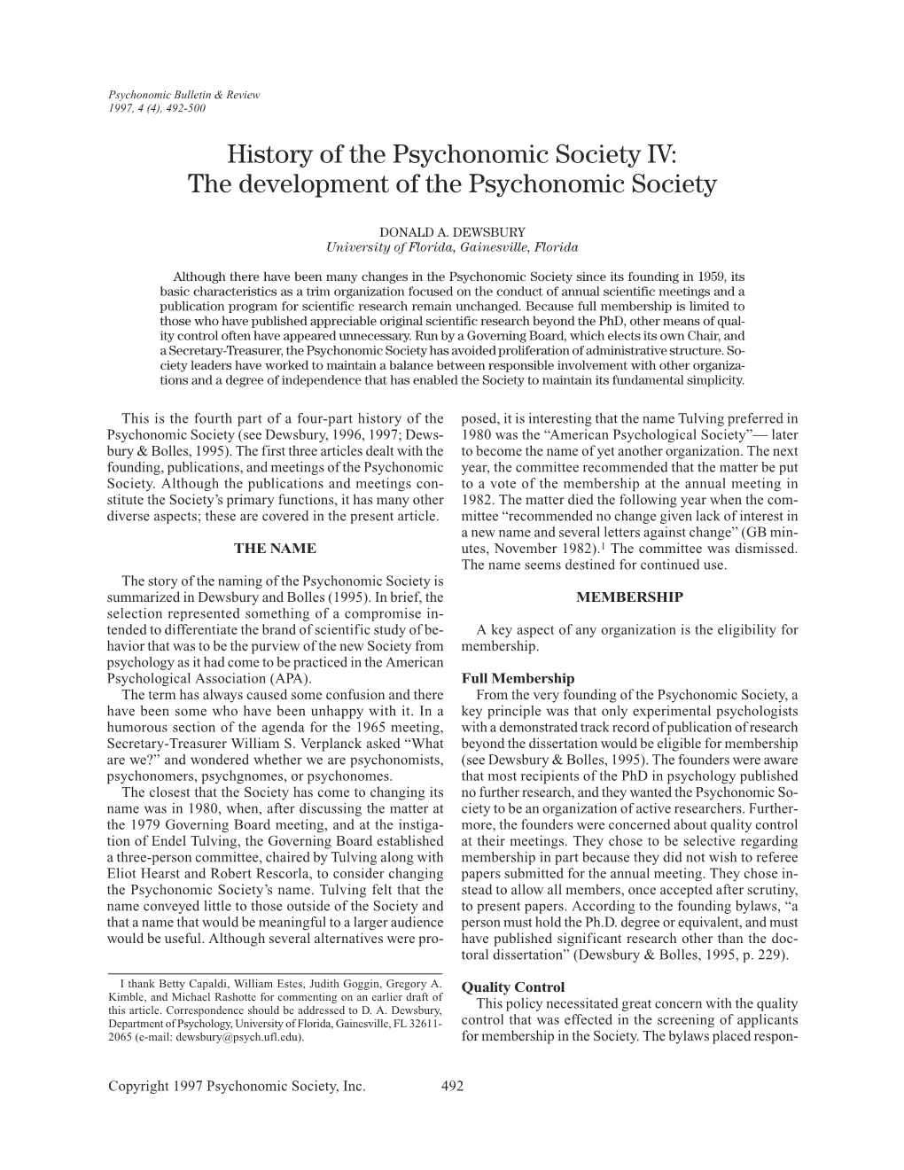 History of the Psychonomic Society IV: the Development of the Psychonomic Society