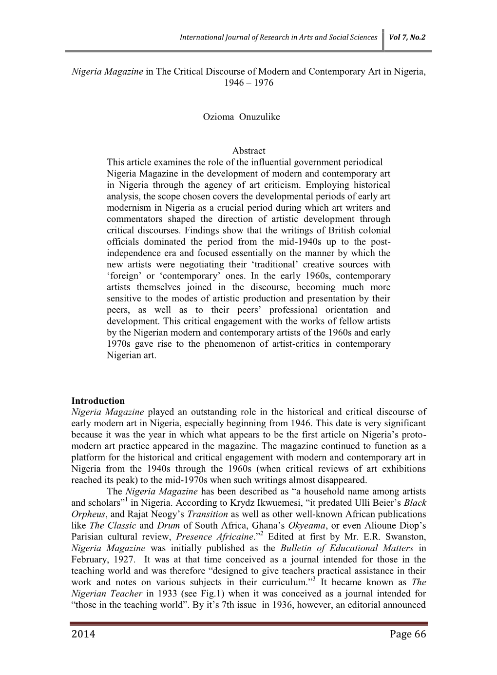 International Journal of Research in Arts and Social Sciences Vol 7, No.2