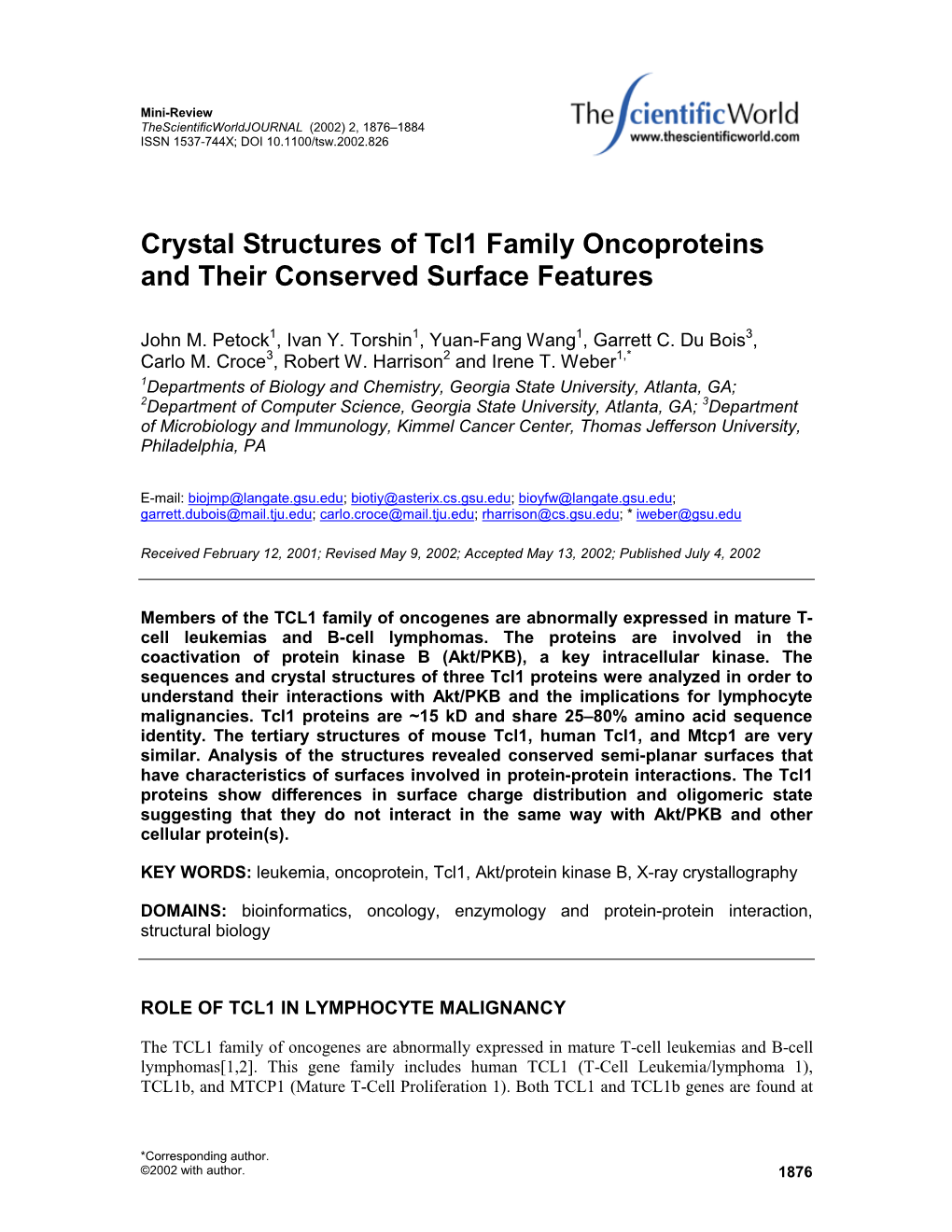 Crystal Structures of Tcl1 Family Oncoproteins and Their Conserved Surface Features