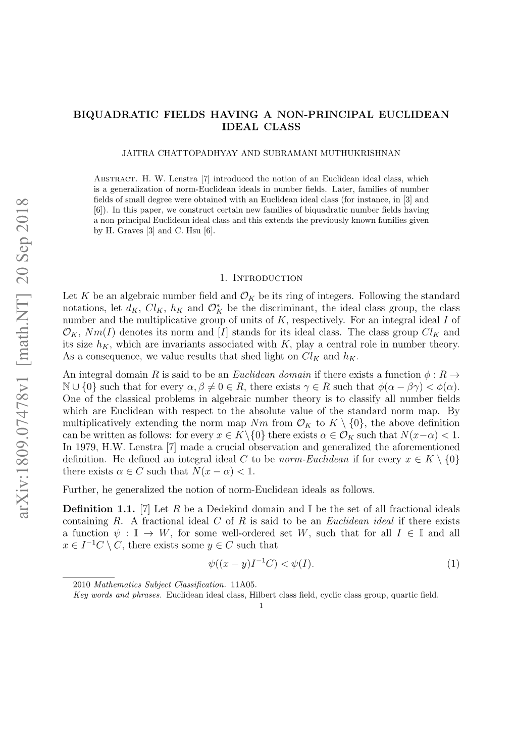 Arxiv:1809.07478V1 [Math.NT] 20 Sep 2018 Hr Exists There Containing Ute,H Eeaie H Oino Omecieniel Sfollow As 1.1