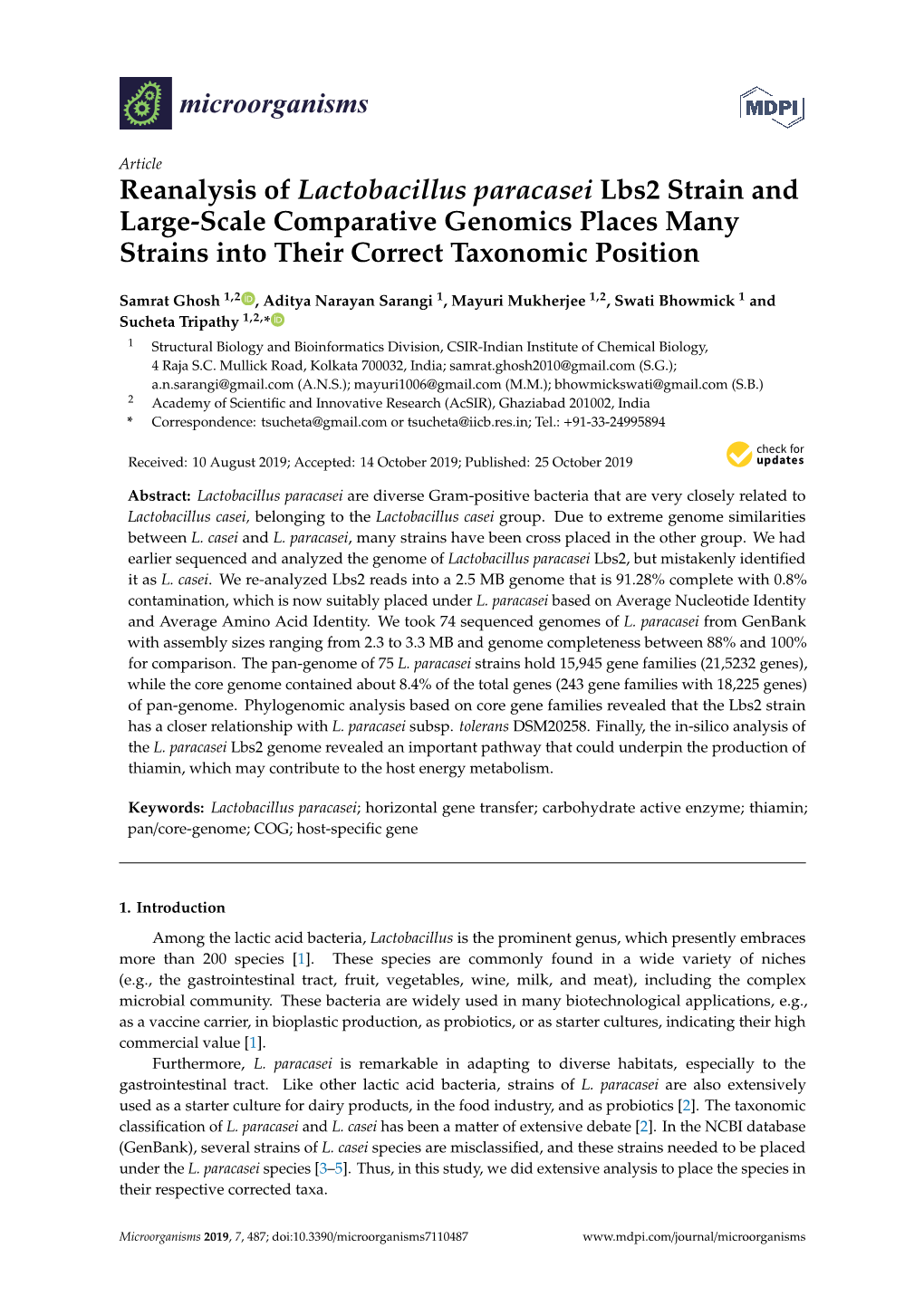 Reanalysis of Lactobacillus Paracasei Lbs2 Strain and Large-Scale Comparative Genomics Places Many Strains Into Their Correct Taxonomic Position