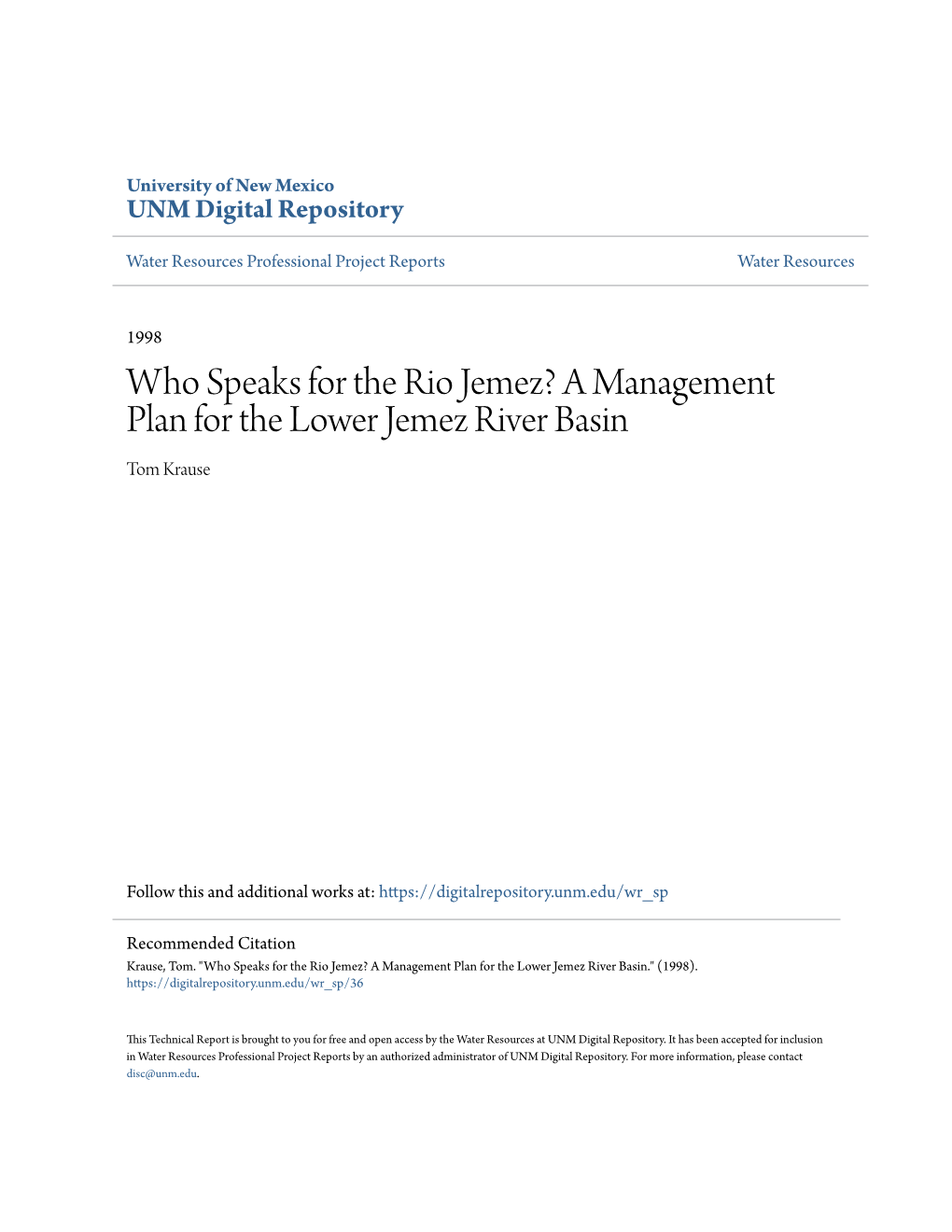 A Management Plan for the Lower Jemez River Basin Tom Krause