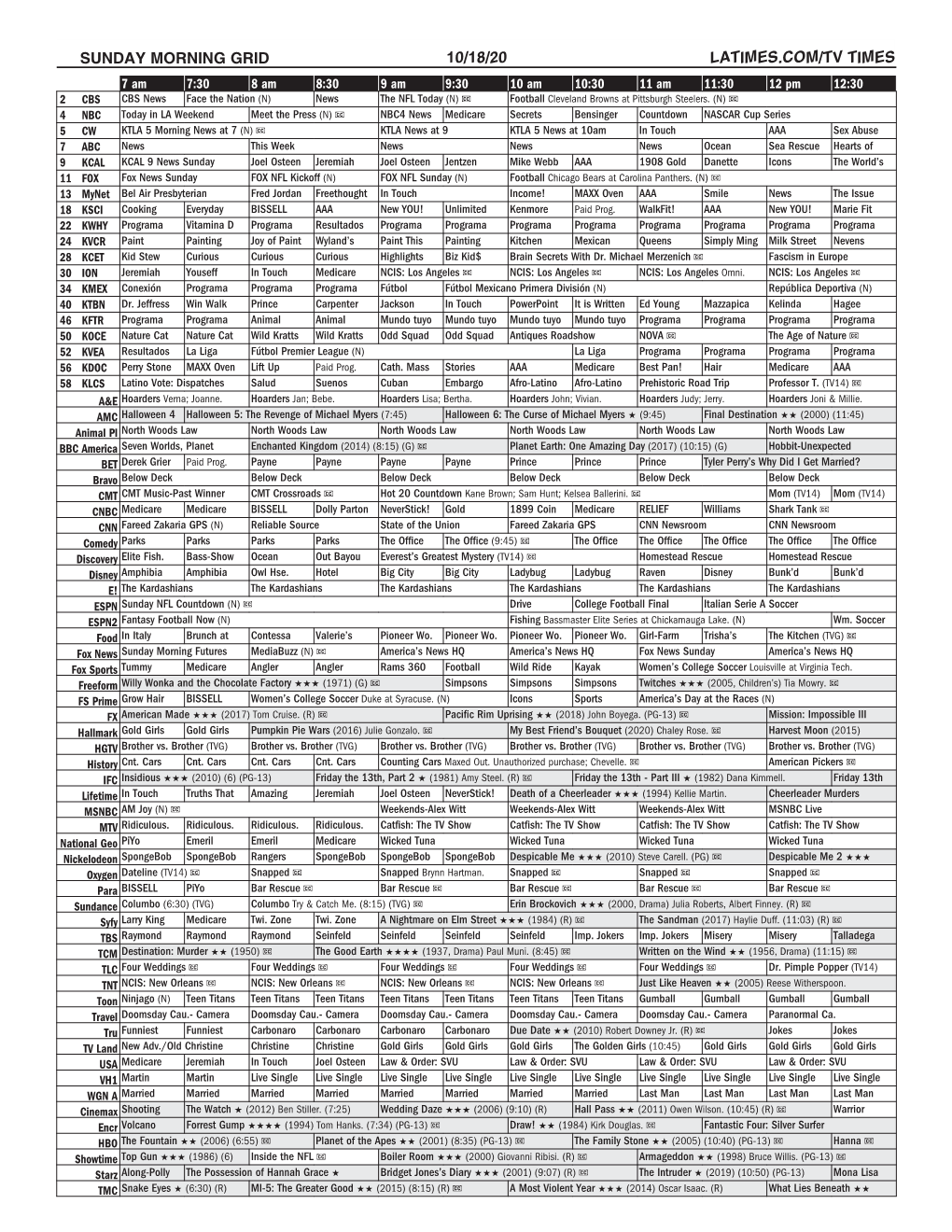 Sunday Morning Grid 10/18/20 Latimes.Com/Tv