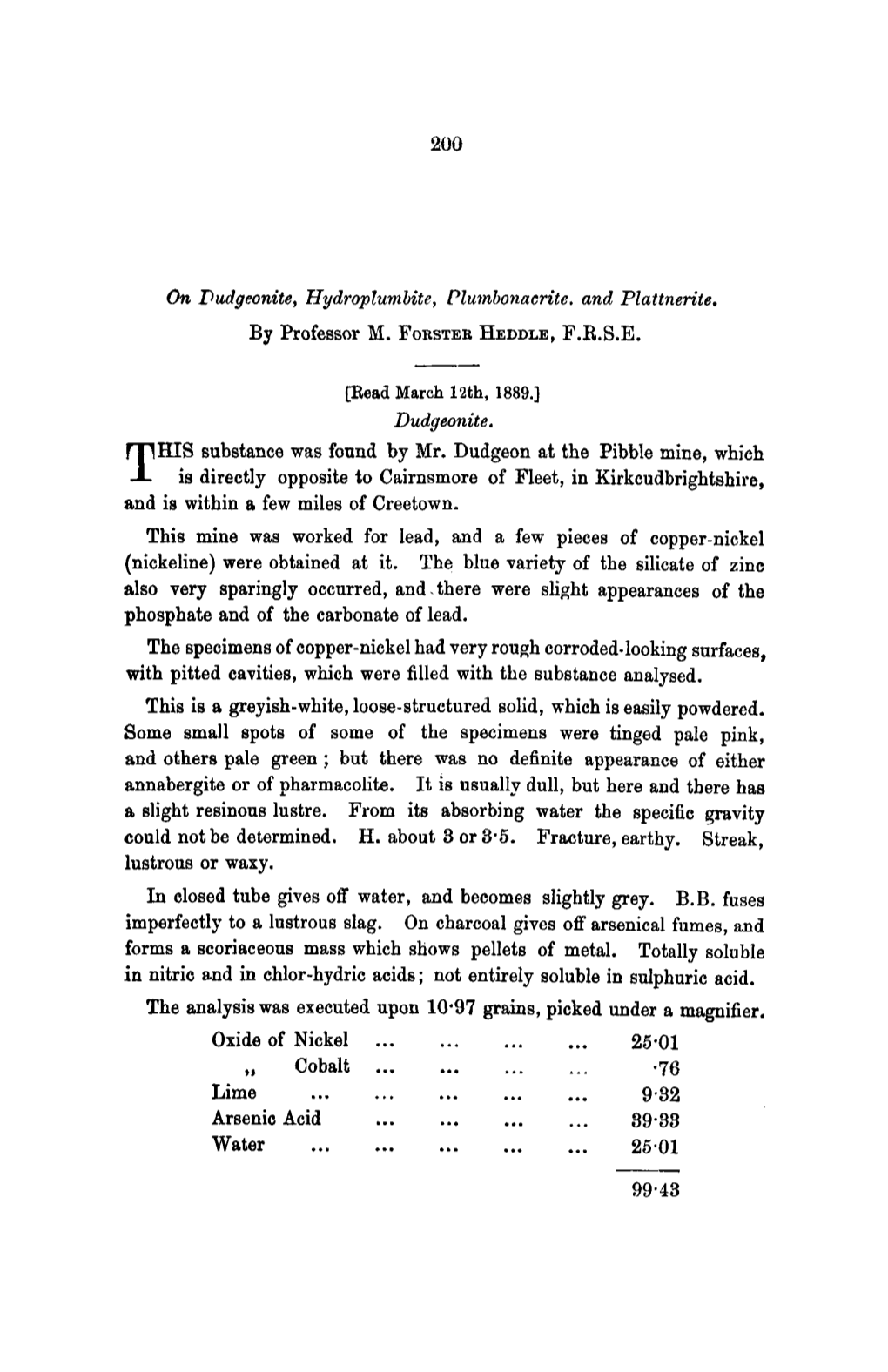 On Dudgeonite, Hydroplumbite, Plumbonacrite. and Plattnerite. Dudgeonite