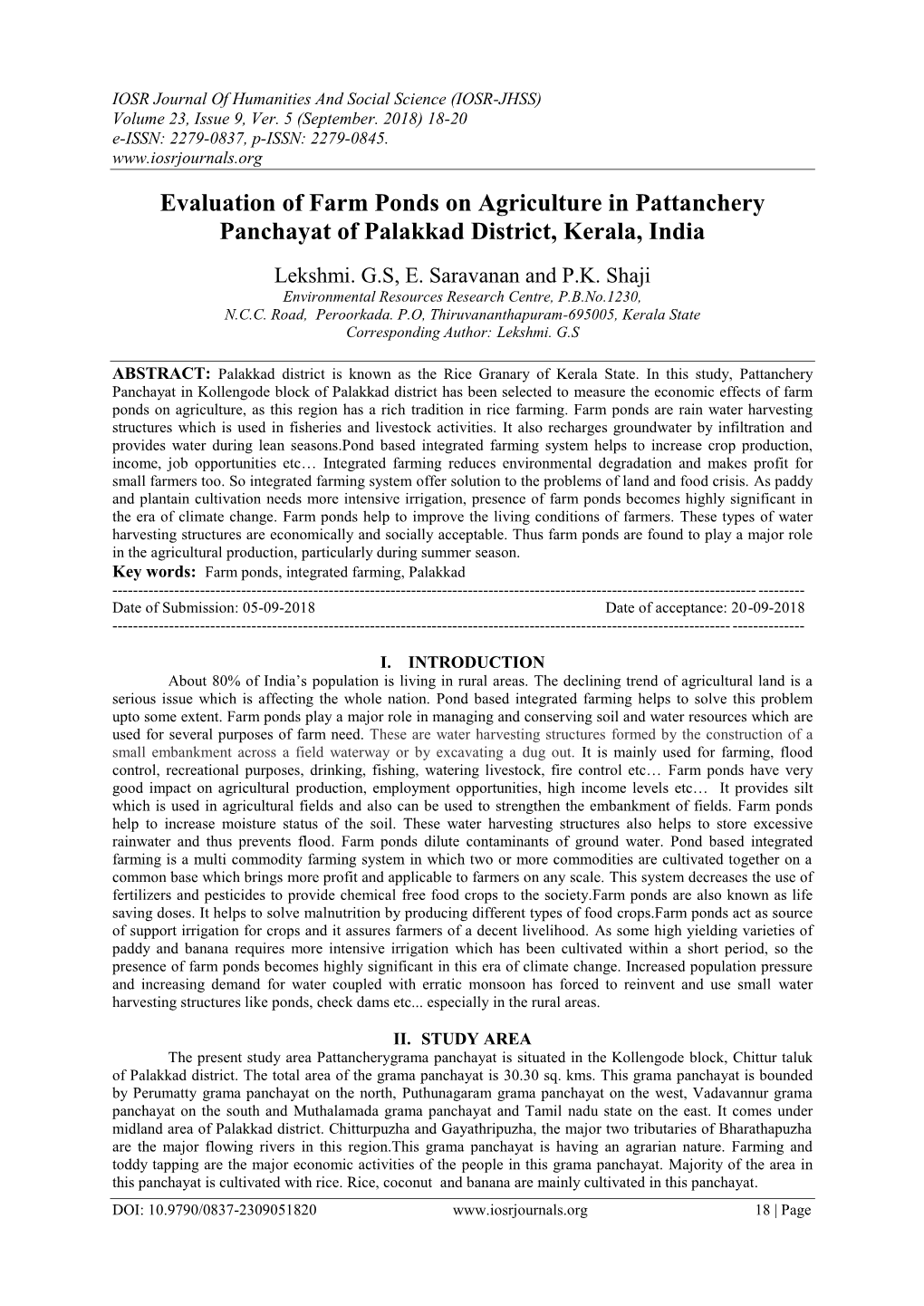 Evaluation of Farm Ponds on Agriculture in Pattanchery Panchayat of Palakkad District, Kerala, India