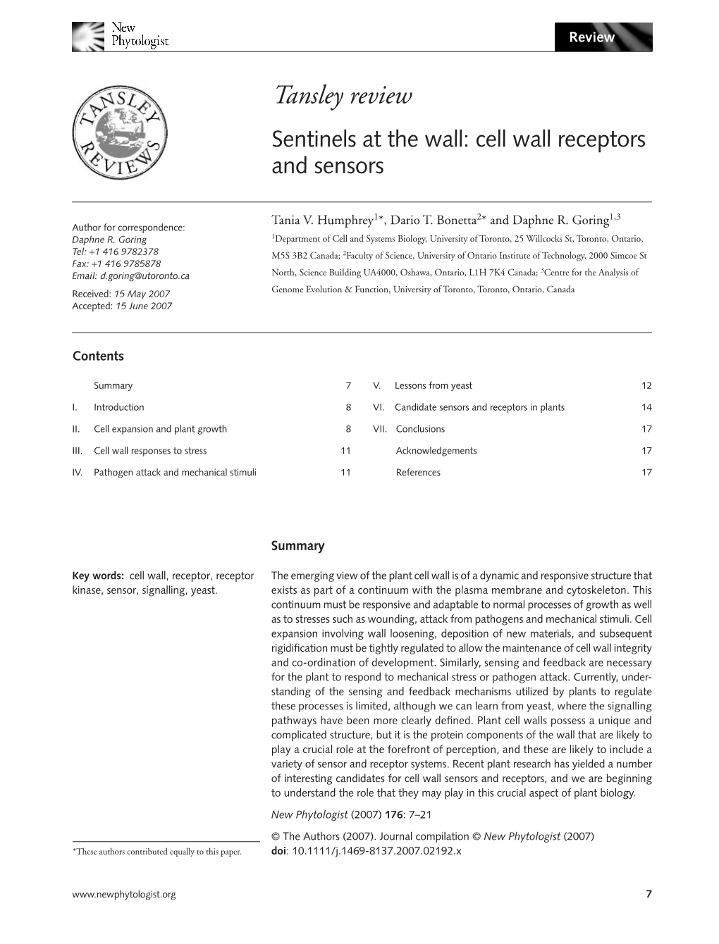 Tansley Review Sentinels at the Wall: Cell Wall Receptors and Sensors