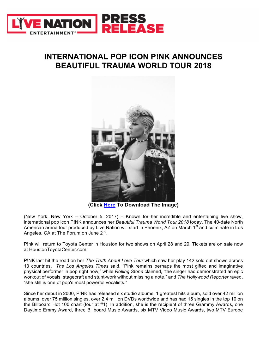 International Pop Icon P!Nk Announces Beautiful Trauma World Tour 2018