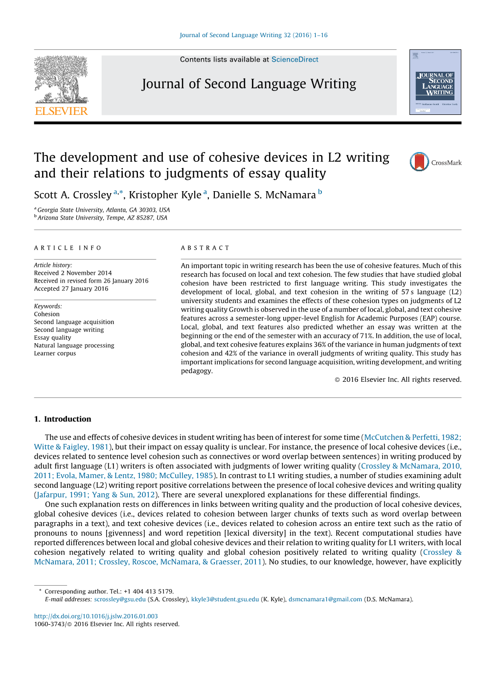 The Development and Use of Cohesive Devices in L2 Writing and Their Relations to Judgments of Essay Quality