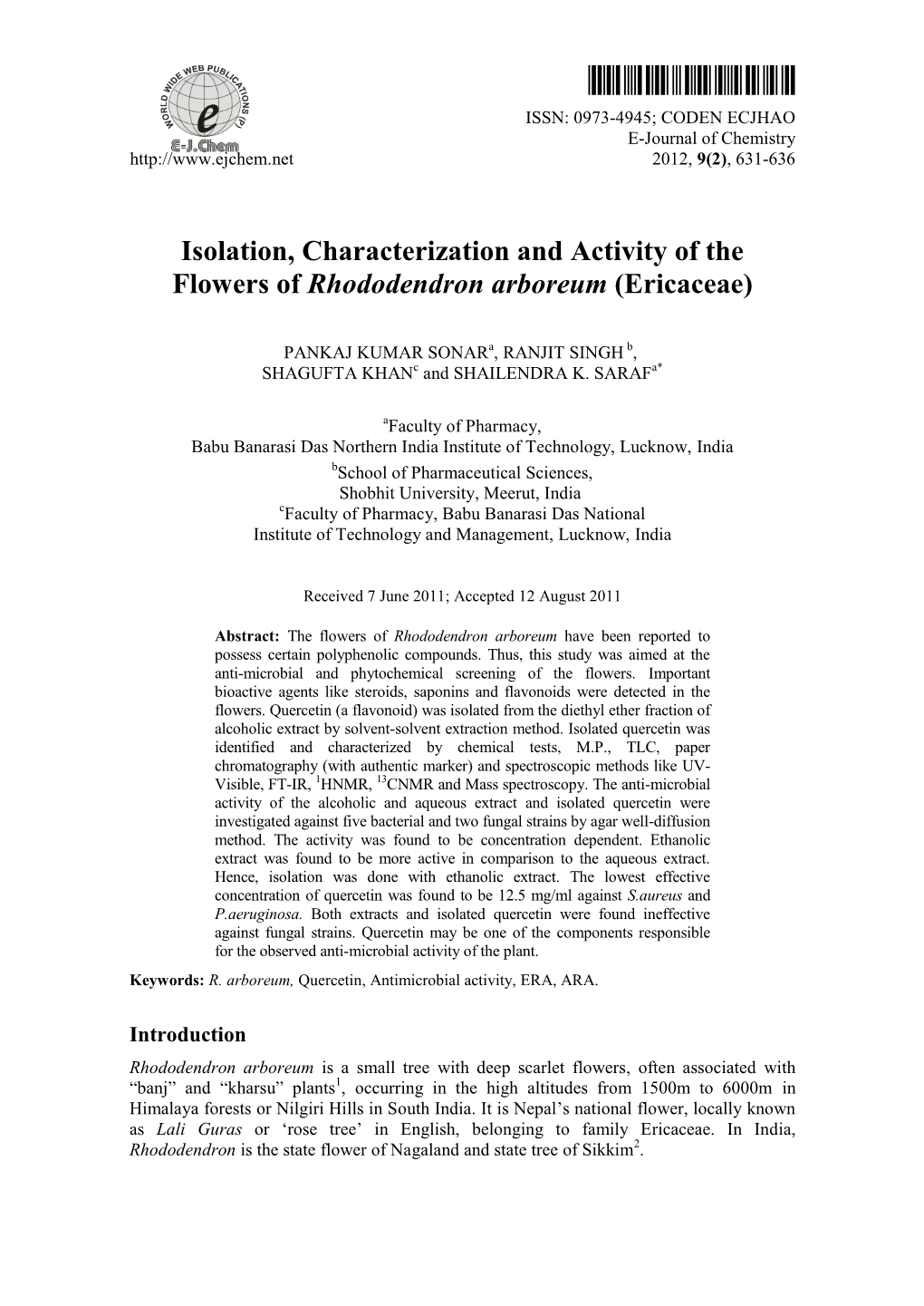 Isolation, Characterization and Activity of the Flowers of Rhododendron Arboreum (Ericaceae)