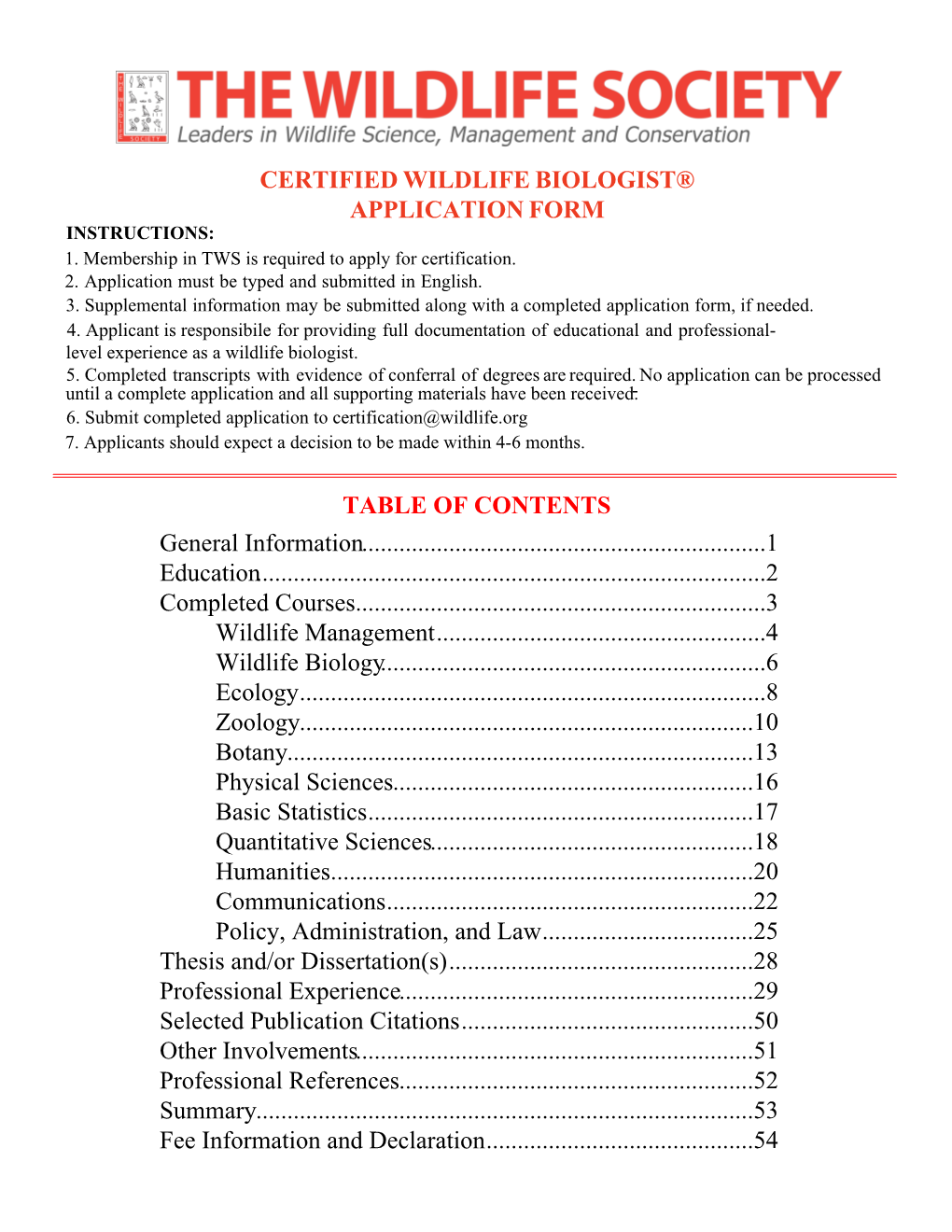 Certified Wildlife Biologist® Application Form Table Of