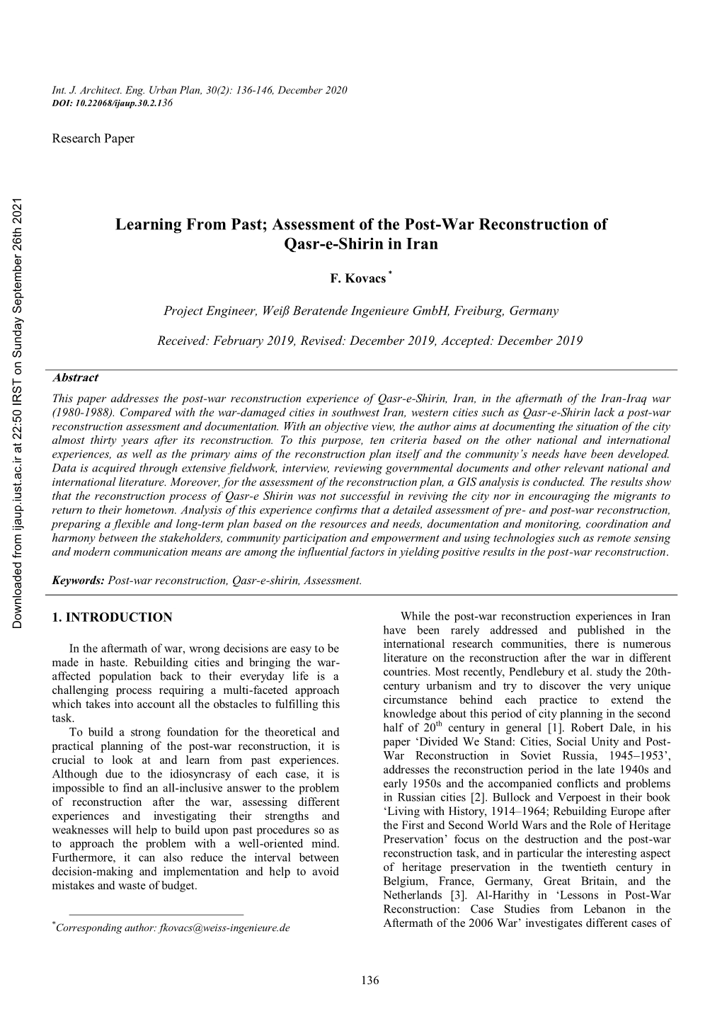 Assessment of the Post-War Reconstruction of Qasr-E-Shirin in Iran