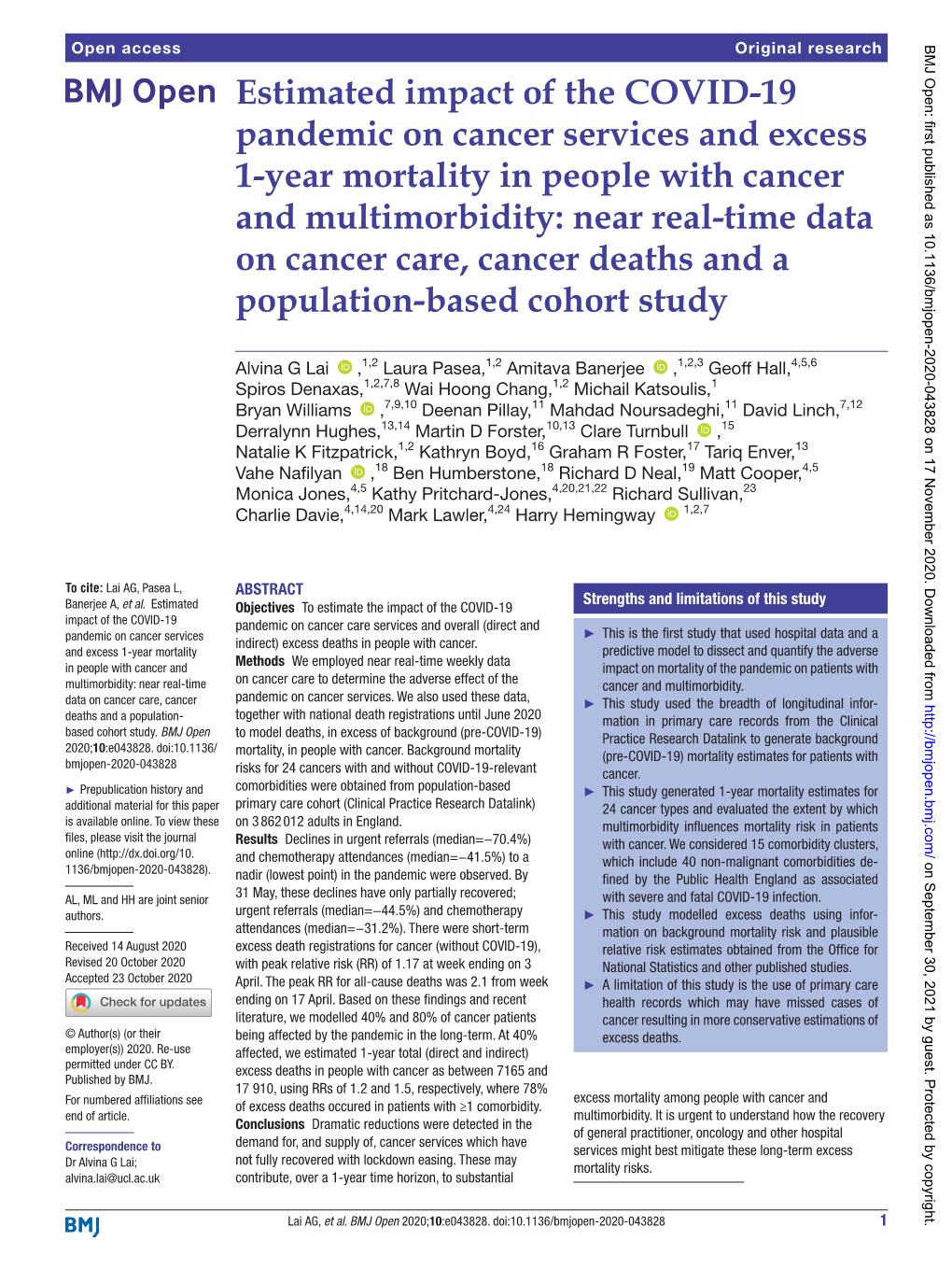 Estimated Impact of the COVID-19 Pandemic on Cancer Services and Excess 1