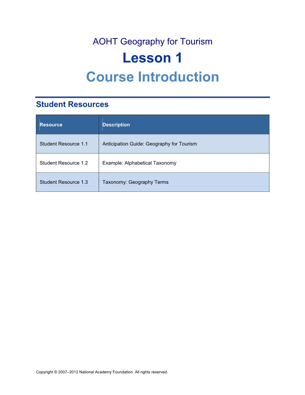 AOHT Geography for Tourism Lesson 1 Course Introduction