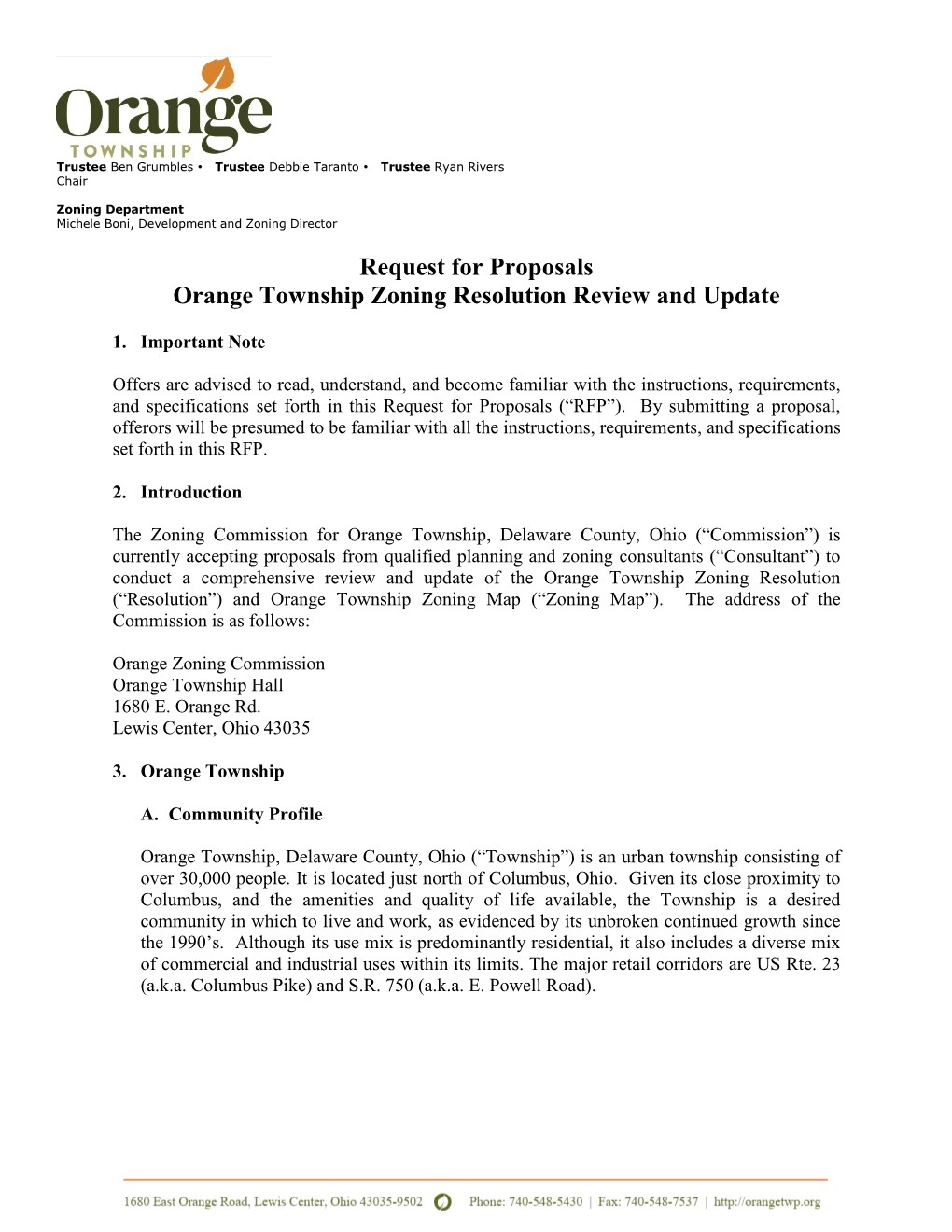 Request for Proposals Orange Township Zoning Resolution Review and Update