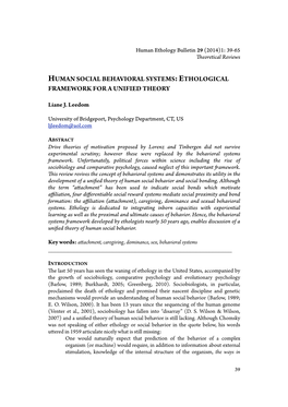 Human Social Behavioral Systems:Ethological