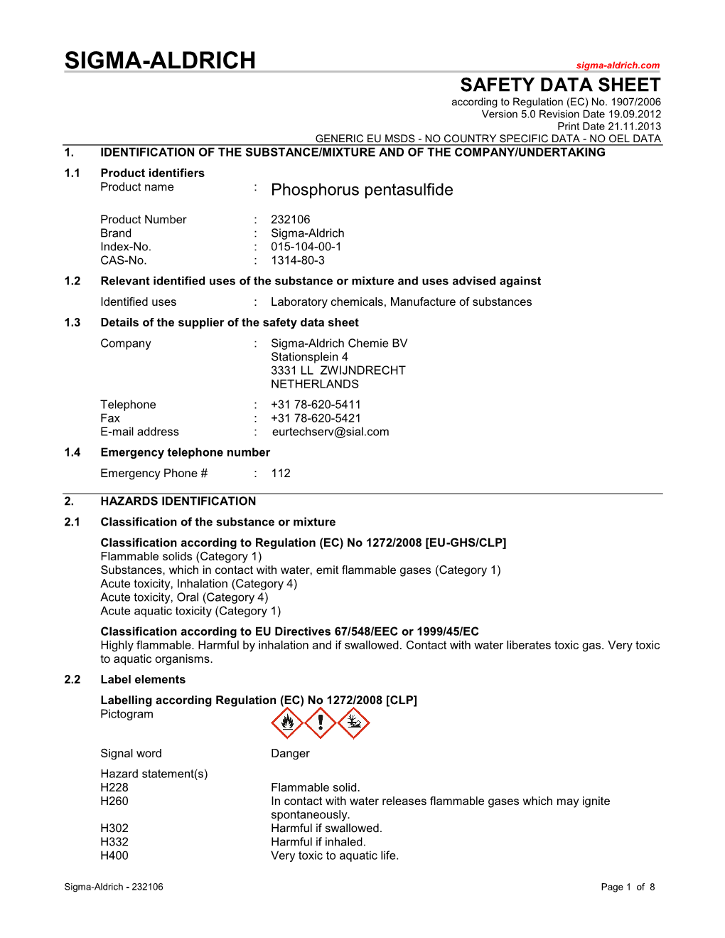 SAFETY DATA SHEET According to Regulation (EC) No