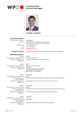 Curriculum Vitae Professor Peter Egger