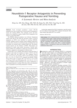 Neurokinin-1 Receptor Antagonists in Preventing Postoperative Nausea and Vomiting a Systematic Review and Meta-Analysis