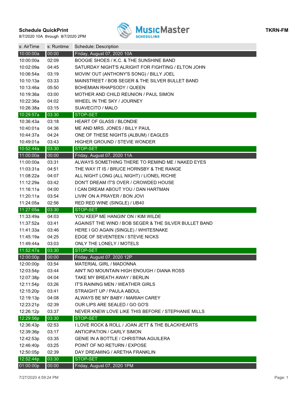 Schedule Quickprint TKRN-FM